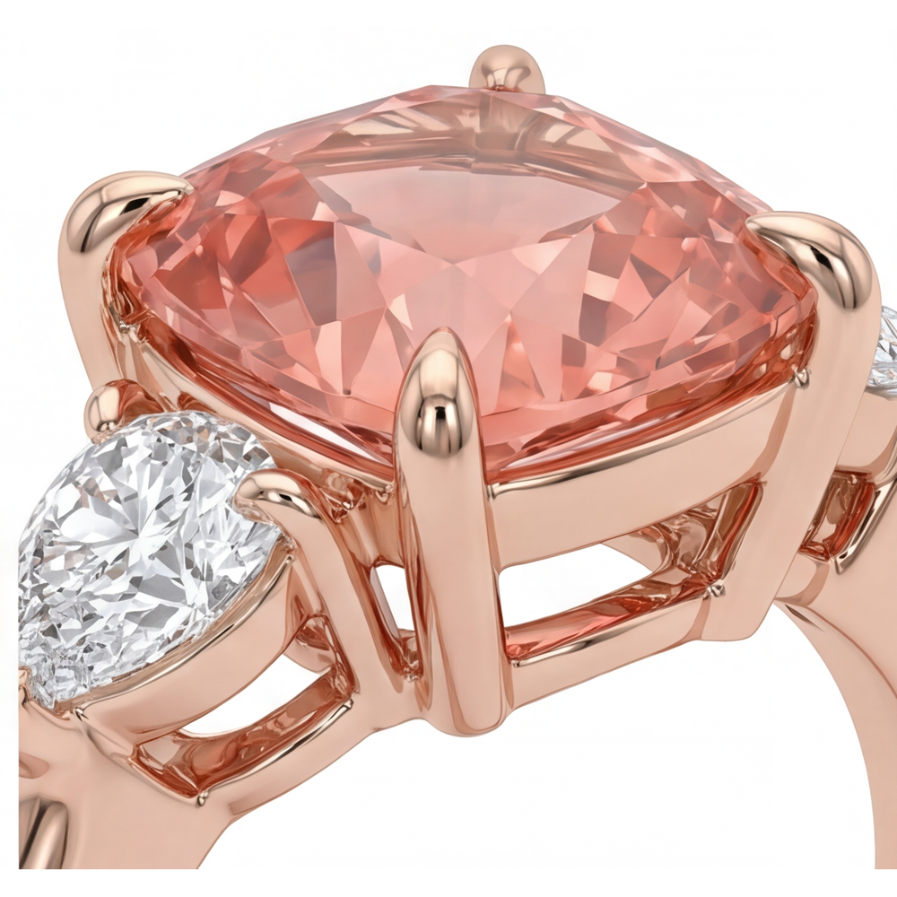 Padparadscha-Saphir Verlobungsring 2,9 Karat natürlicher Kissenschliff Dreistein schlicht 14 Karat Roségold