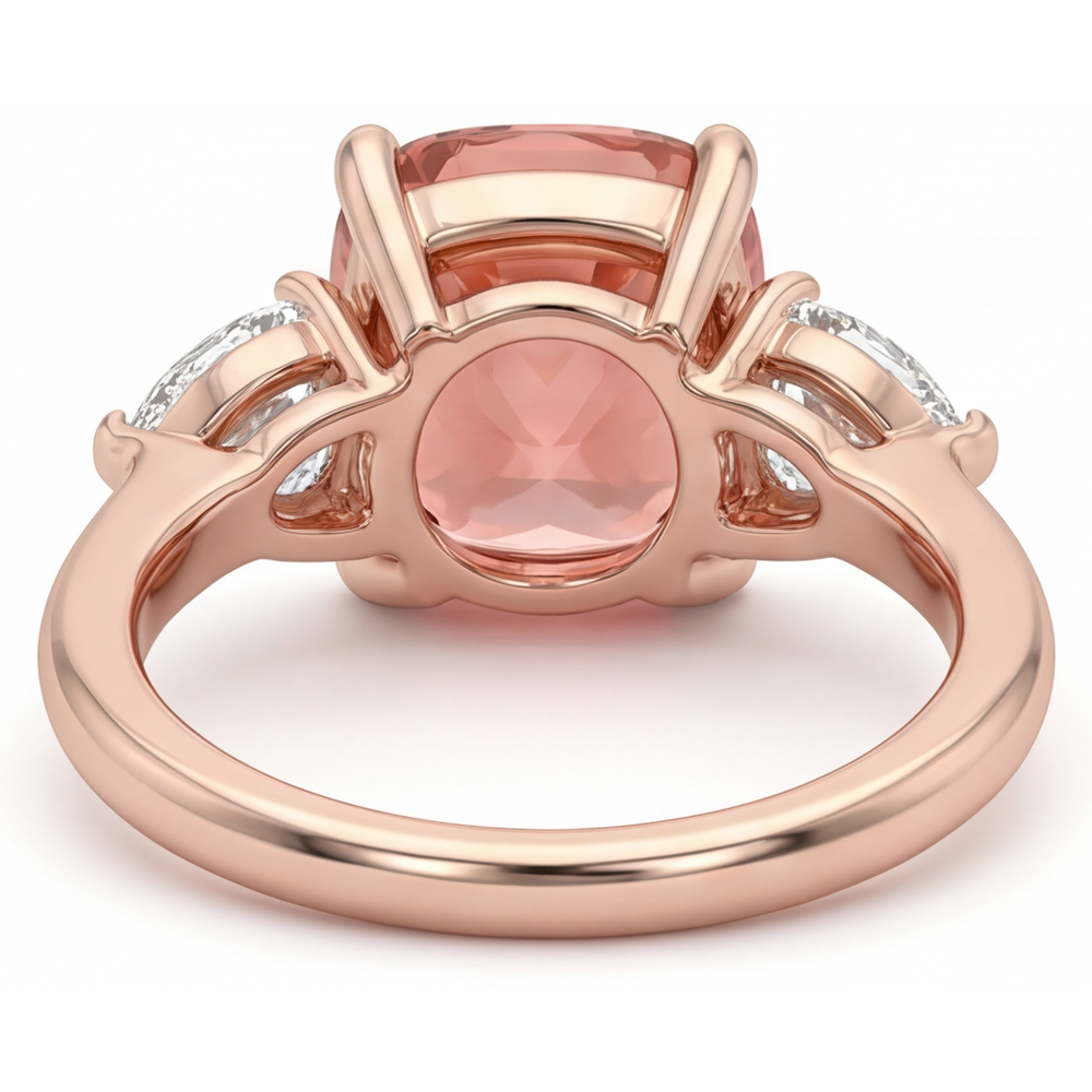 Padparadscha-Saphir Verlobungsring 2,9 Karat natürlicher Kissenschliff Dreistein schlicht 14 Karat Roségold