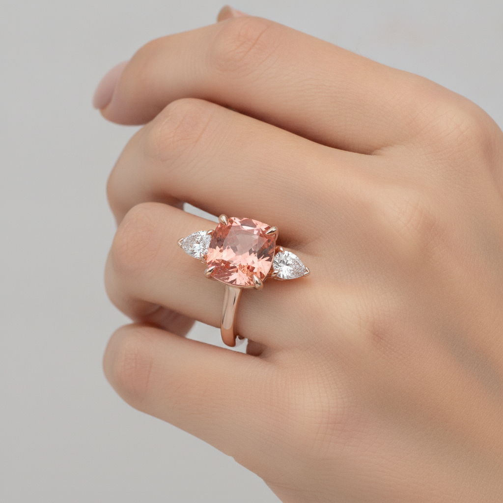 Padparadscha-Saphir Verlobungsring 2,9 Karat natürlicher Kissenschliff Dreistein schlicht 14 Karat Roségold