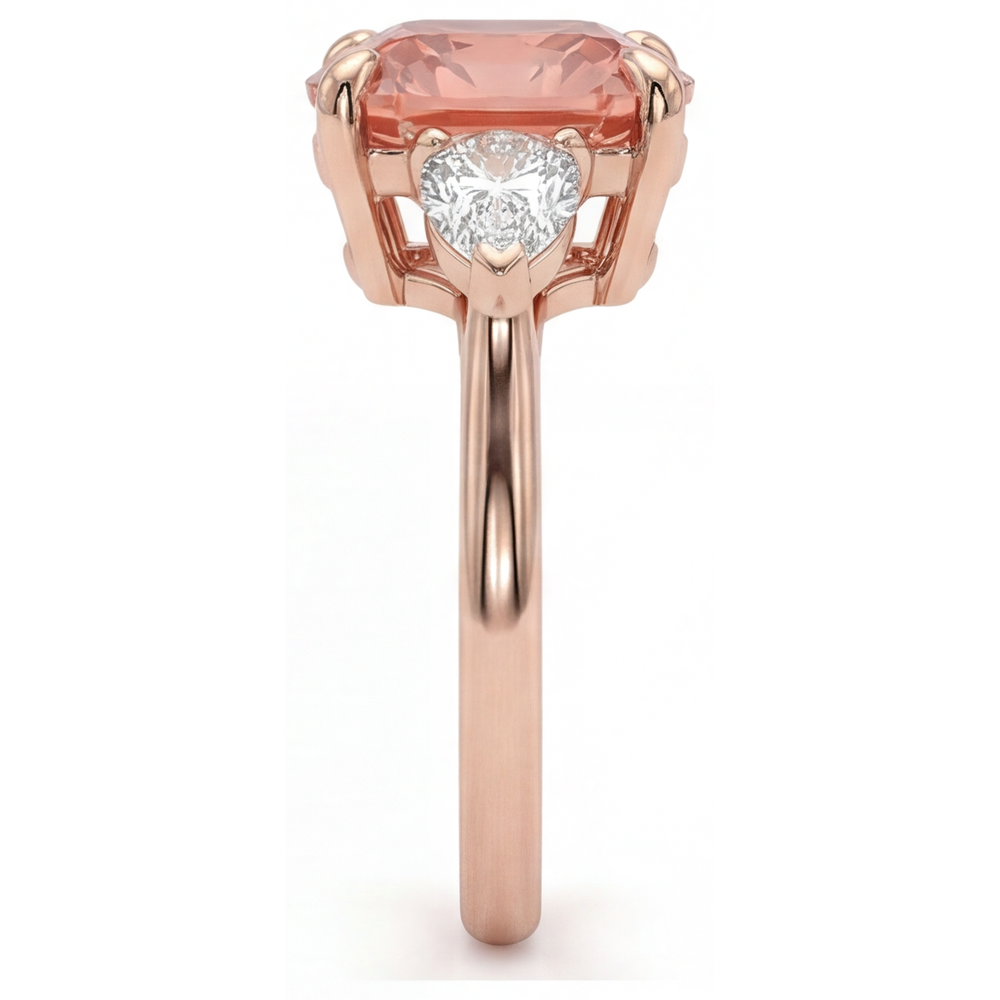 Pfirsich-Saphir 2,9 Karat natürlicher Padparadscha im Kissenschliff und weisser Halbmond Dreistein-Ring 14 Karat Roségold