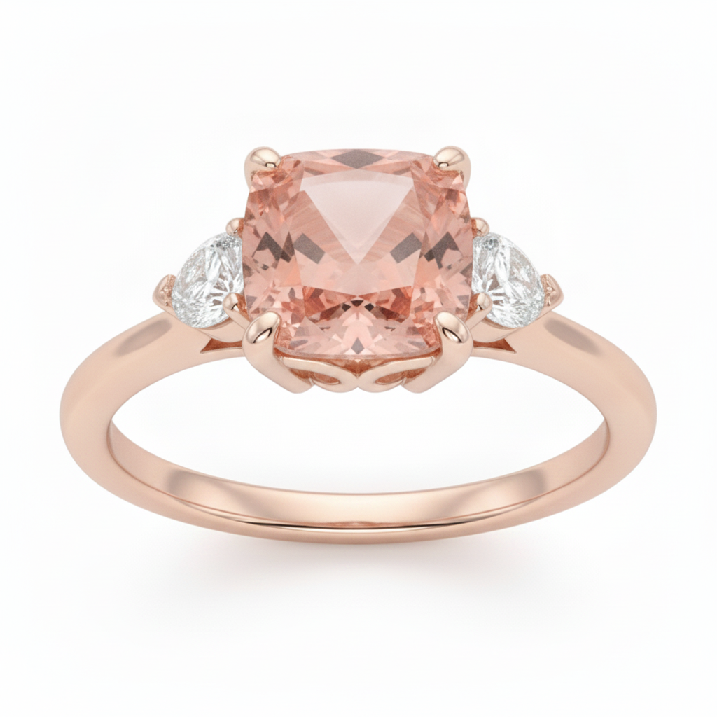 Pfirsich-Saphir 2,9 Karat natürlicher Padparadscha im Kissenschliff und weisser Halbmond Dreistein-Ring 14 Karat Roségold