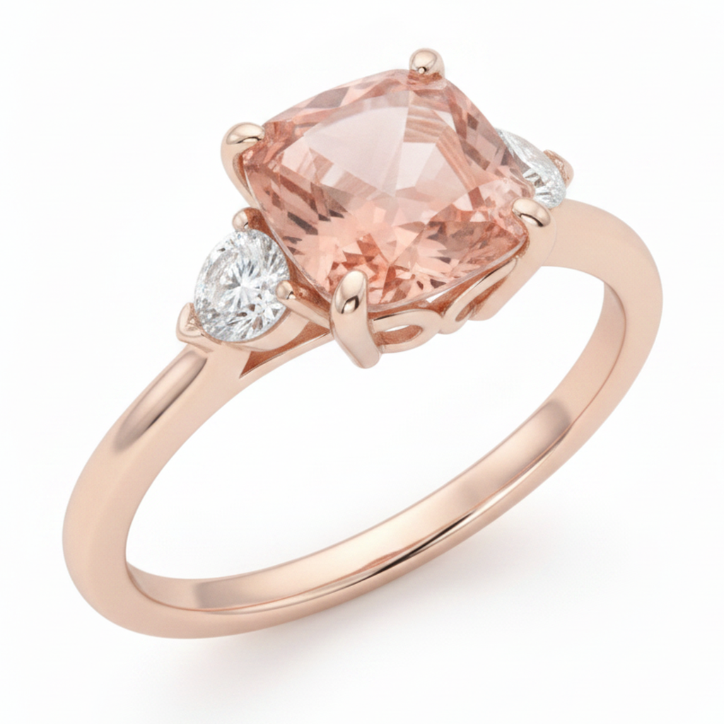 Pfirsich-Saphir 2,9 Karat natürlicher Padparadscha im Kissenschliff und weisser Halbmond Dreistein-Ring 14 Karat Roségold