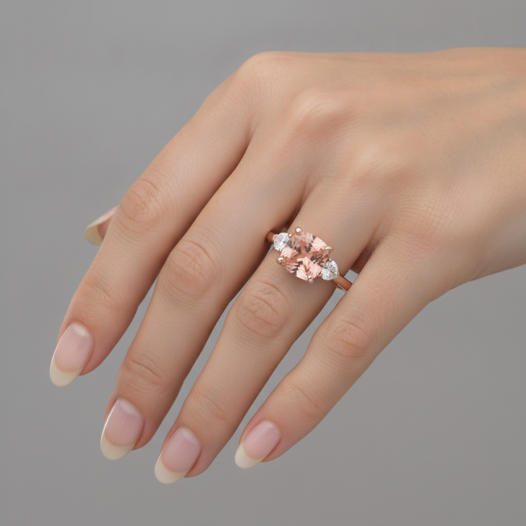 Pfirsich-Saphir 2,9 Karat natürlicher Padparadscha im Kissenschliff und weisser Halbmond Dreistein-Ring 14 Karat Roségold