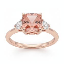 Pfirsich-Saphir 2,9 Karat natürlicher Padparadscha im Kissenschliff und weisser Halbmond Dreistein-Ring 14 Karat Roségold