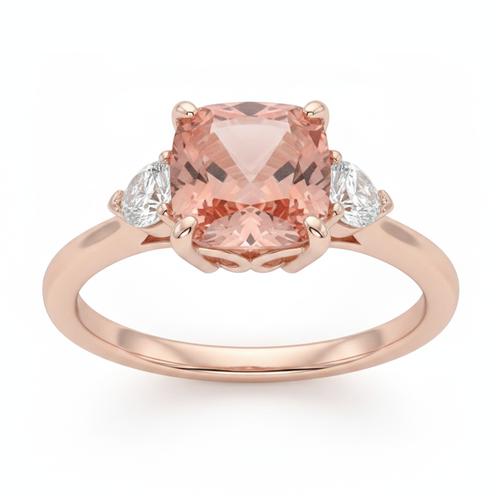 Pfirsich-Saphir 2,9 Karat natürlicher Padparadscha im Kissenschliff und weisser Halbmond Dreistein-Ring 14 Karat Roségold