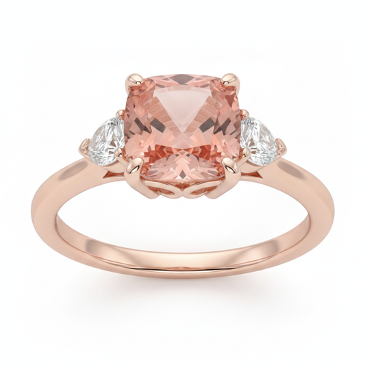 Pfirsich-Saphir 2,9 Karat natürlicher Padparadscha im Kissenschliff und weisser Halbmond Dreistein-Ring 14 Karat Roségold
