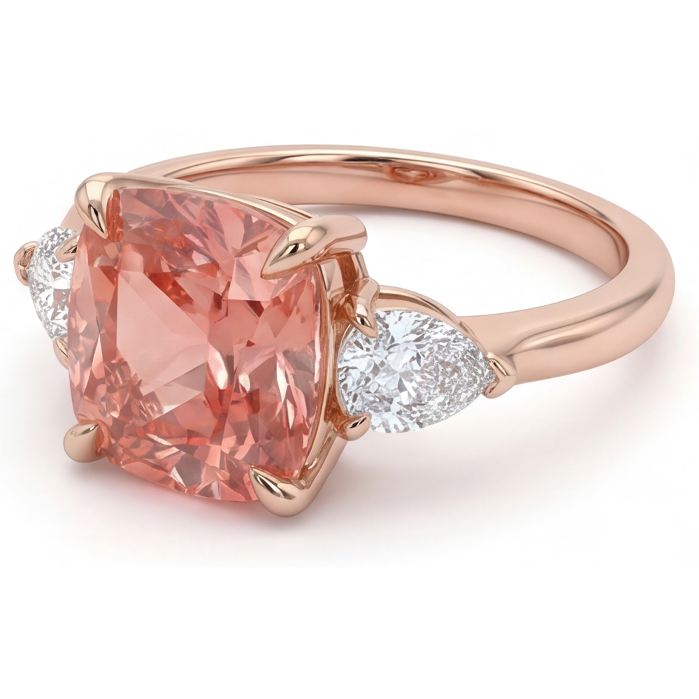 Natürlicher Pfirsich-Padparadscha-Saphir 2,9 Karat im Kissenschliff, verjüngter Dreistein-Ring, 14 Karat Roségold