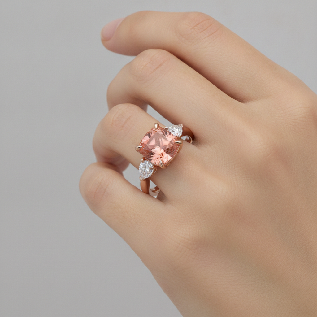 Natürlicher Pfirsich-Padparadscha-Saphir 2,9 Karat im Kissenschliff, verjüngter Dreistein-Ring, 14 Karat Roségold