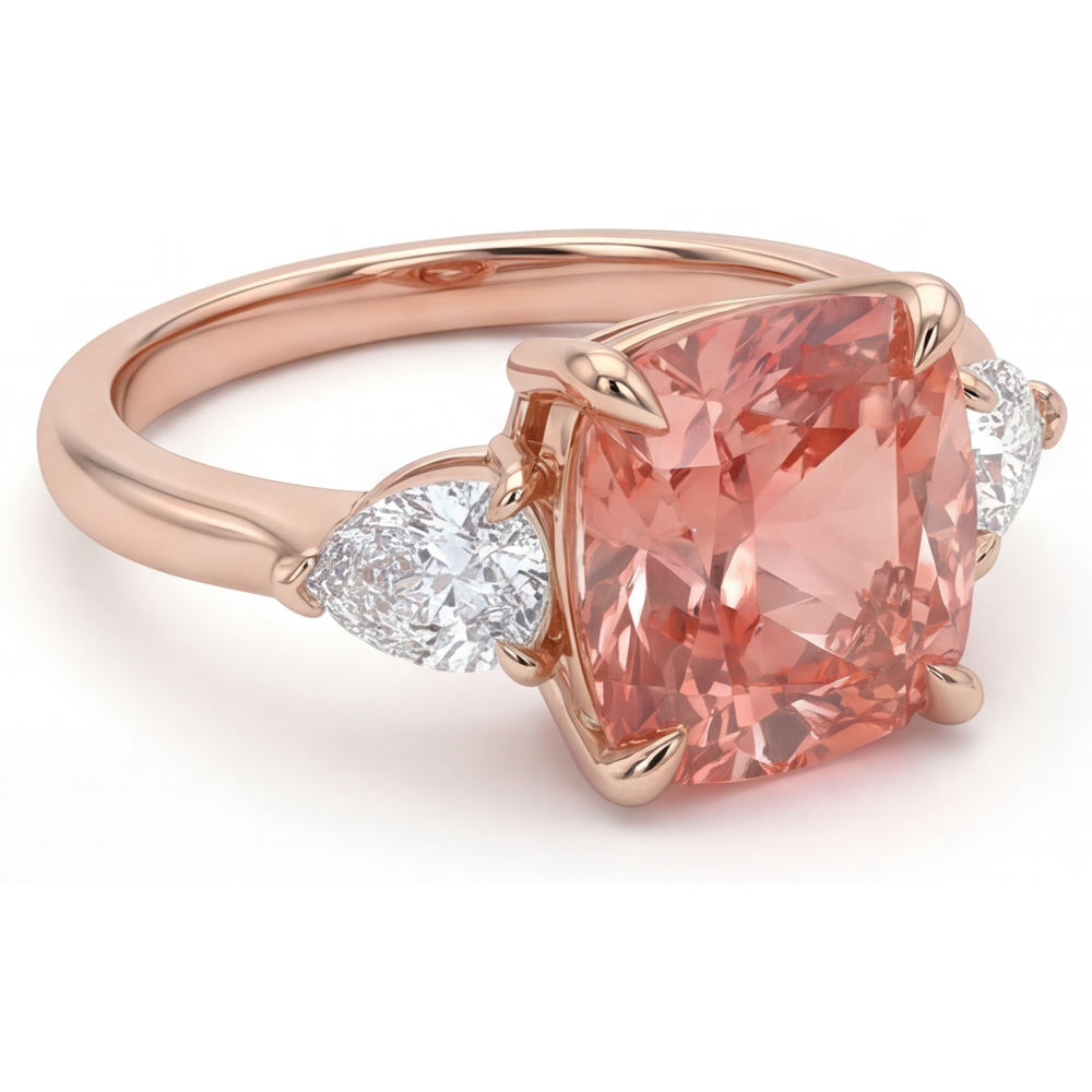 Natürlicher Pfirsich-Padparadscha-Saphir 2,9 Karat im Kissenschliff, verjüngter Dreistein-Ring, 14 Karat Roségold