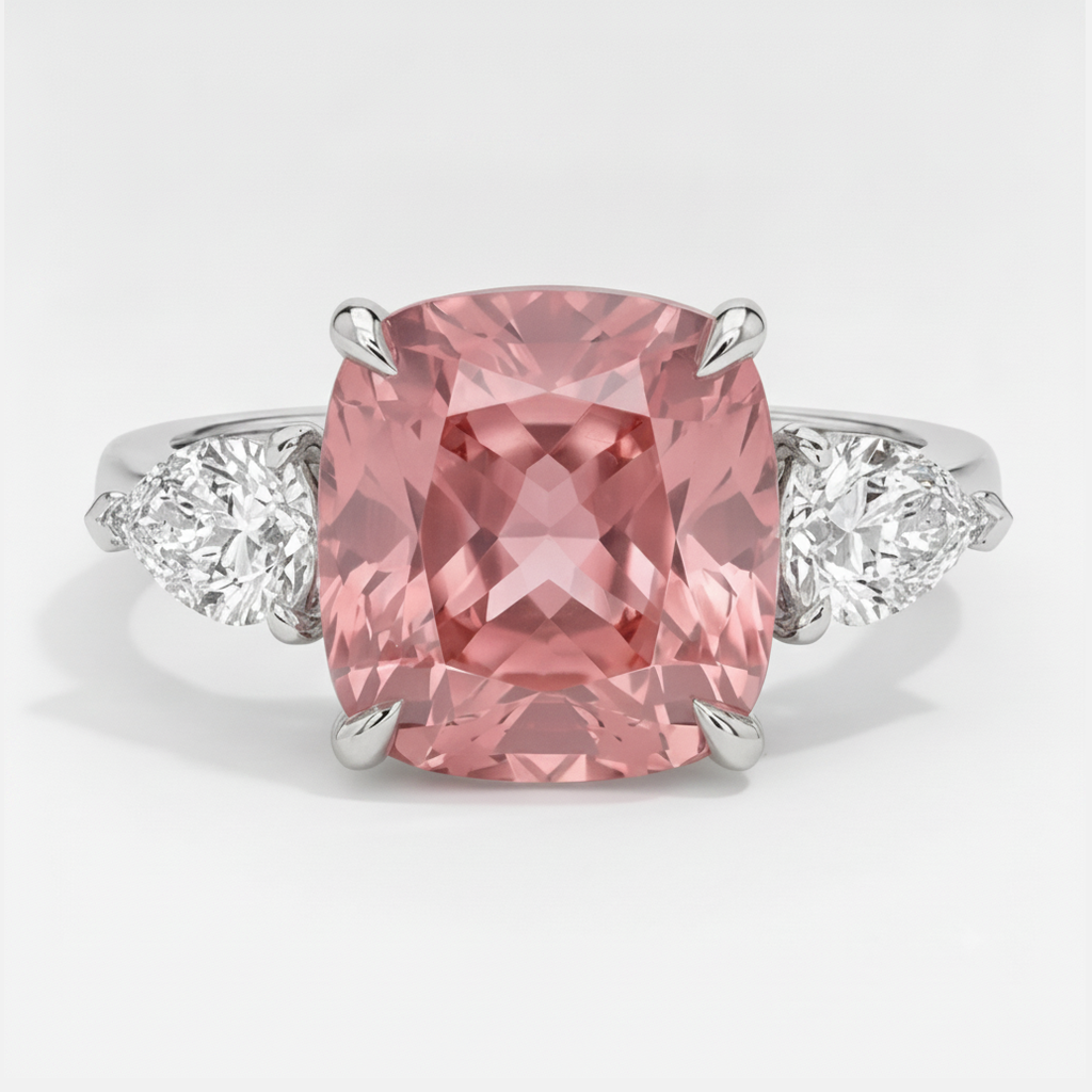 Padparadscha-Saphir-Dreisteinring 3,6 Karat, natürlicher Kissenschliff, Platin