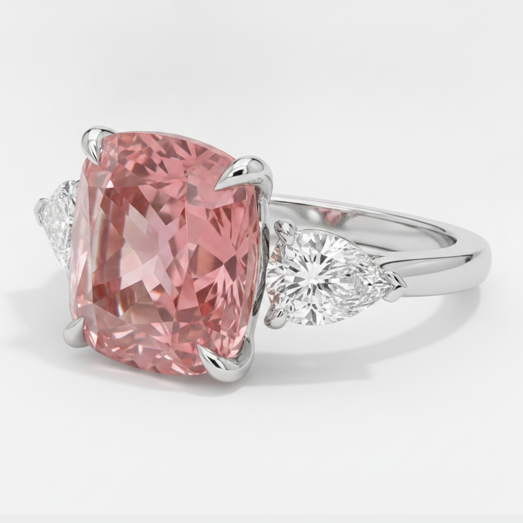 Padparadscha-Saphir-Dreisteinring 3,6 Karat, natürlicher Kissenschliff, Platin