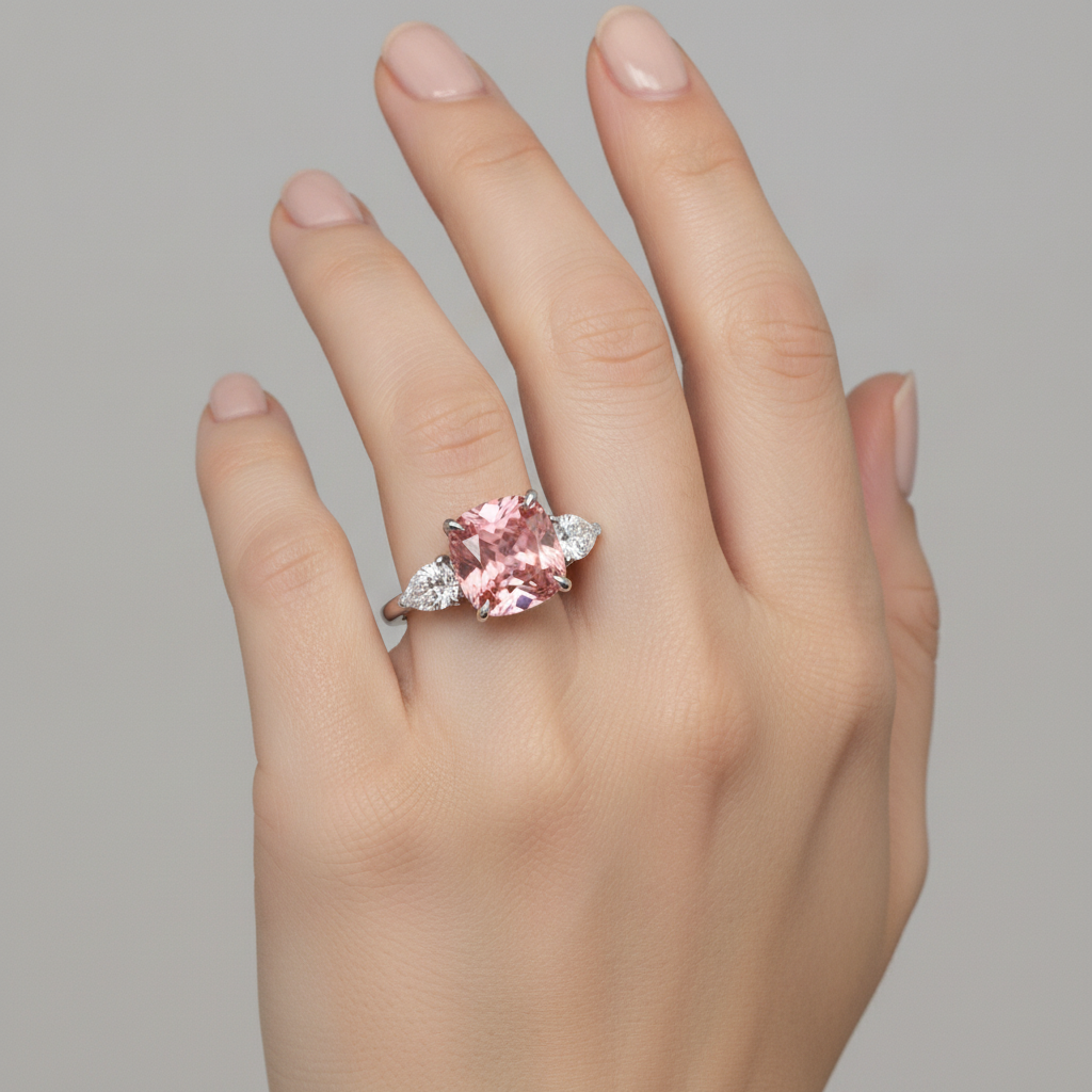 Padparadscha-Saphir-Dreisteinring 3,6 Karat, natürlicher Kissenschliff, Platin
