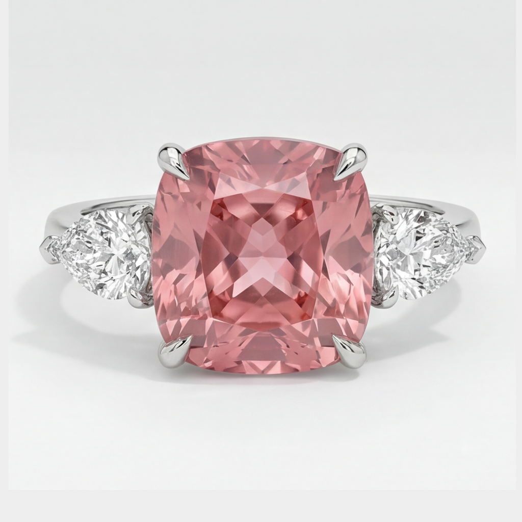 Padparadscha-Saphir-Dreisteinring 3,6 Karat, natürlicher Kissenschliff, Platin
