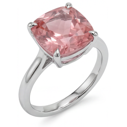 Pfirsich-Saphir Verlobungsring, 3 Karat echter Padparadscha im Kissenschliff, Solitär mit Kathedral-Fassung, 14 Karat Weißgold