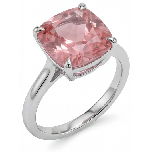 Pfirsich-Saphir Verlobungsring, 3 Karat echter Padparadscha im Kissenschliff, Solitär mit Kathedral-Fassung, 14 Karat Weißgold