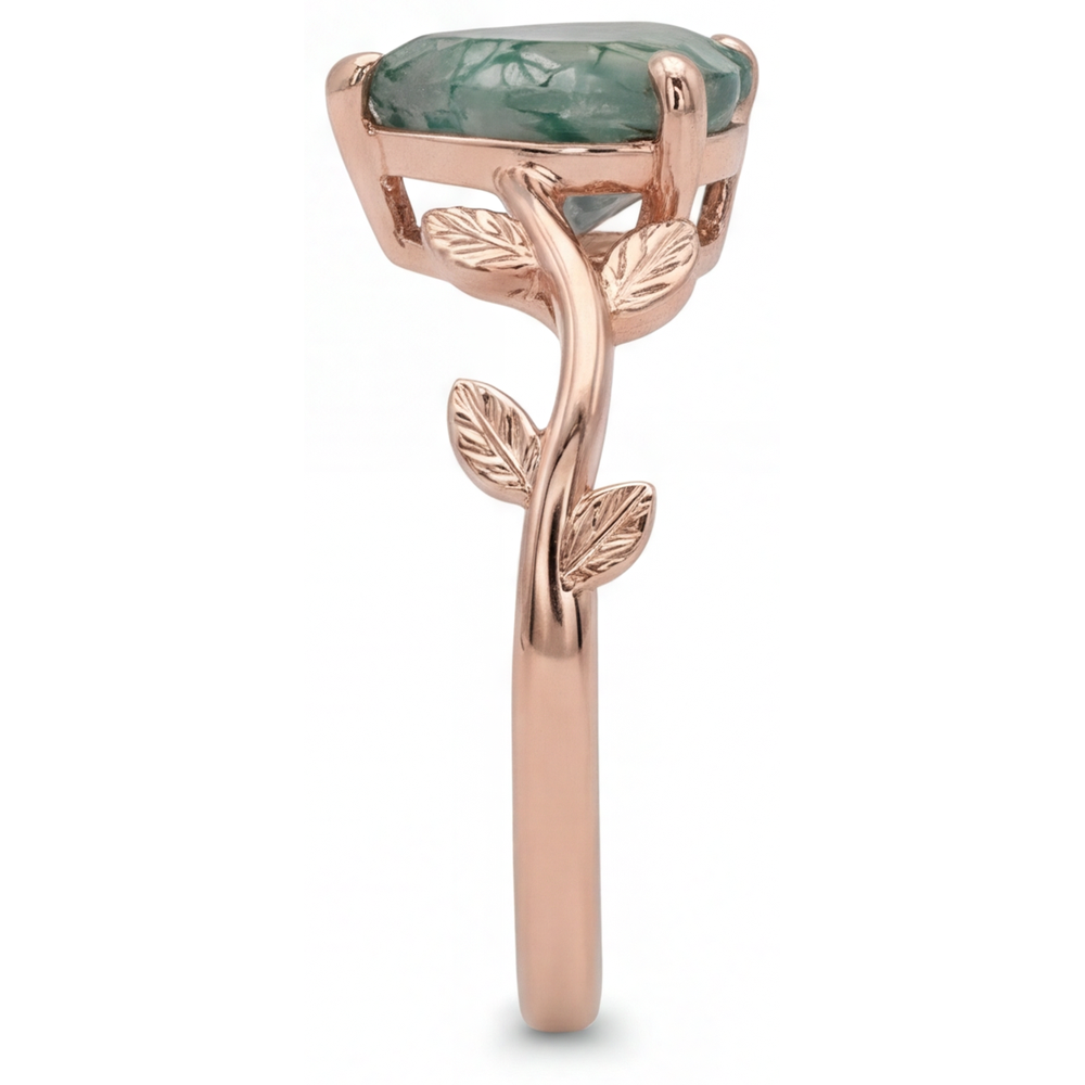 Dendritic Agate Herz-Schliff Schmuckstein-Ring in 14K Roségold – Schrägansicht