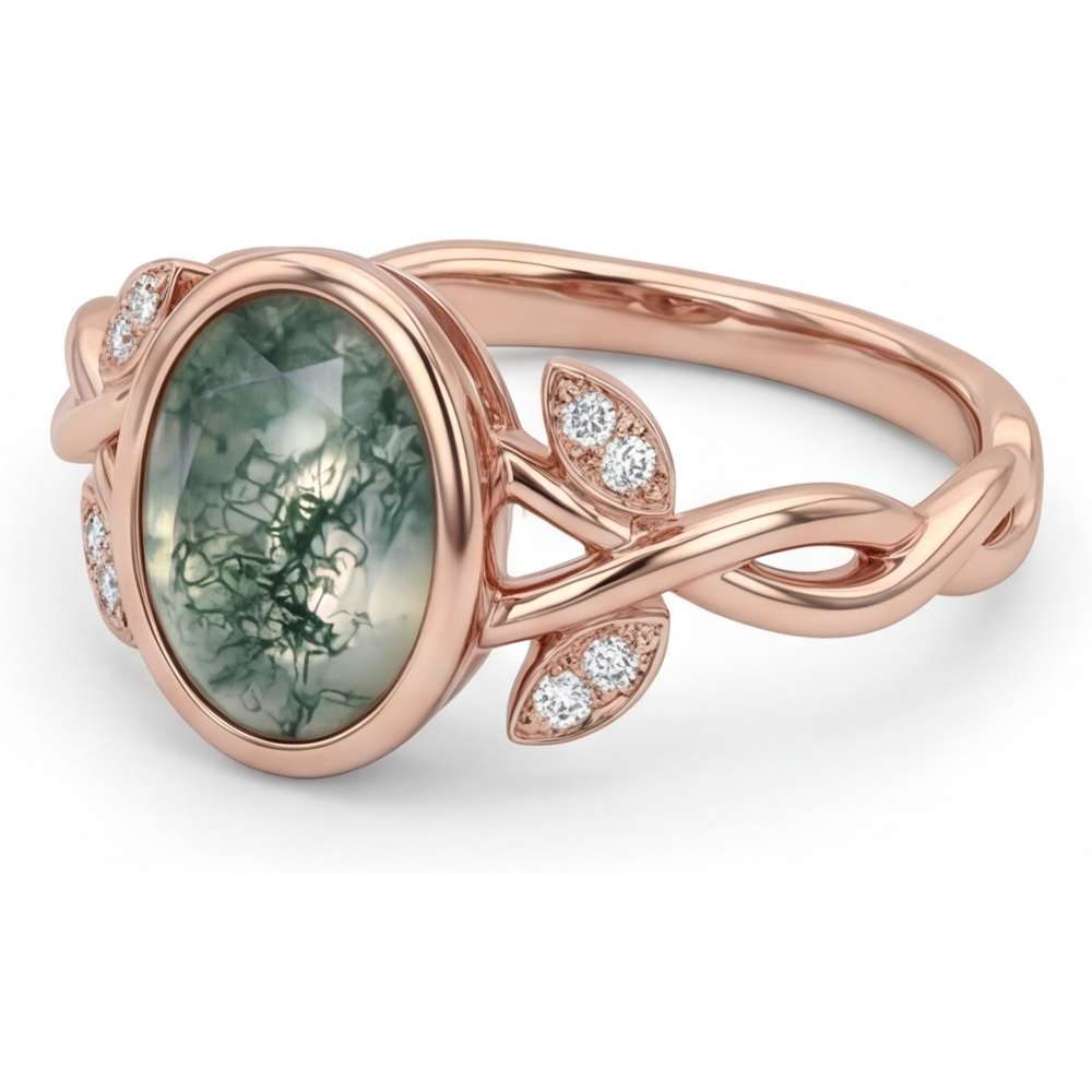 Oval Dendritic Agate Ring in 14K Roségold – Seitenansicht