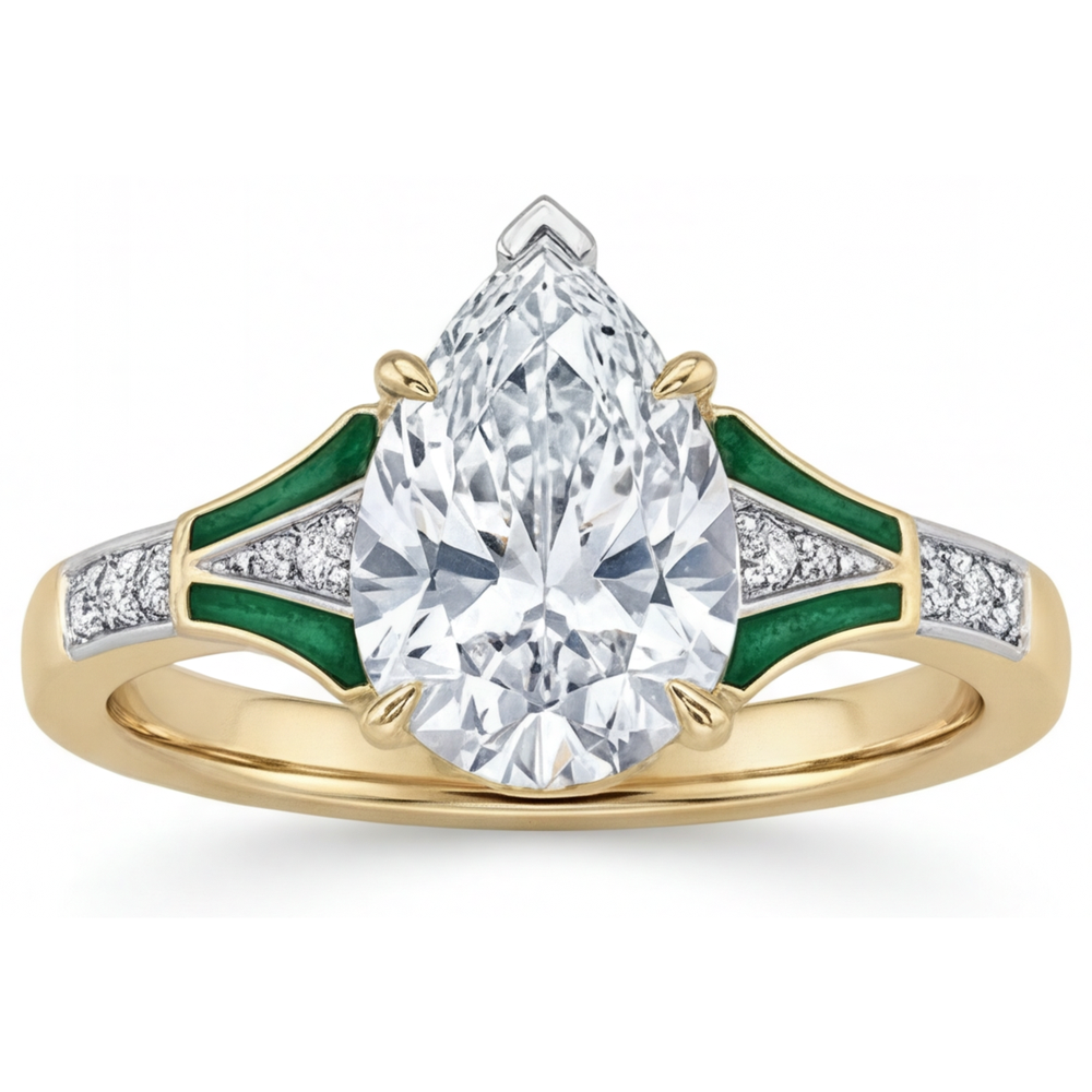 Diamant Birnen-Schliff Solitär-Ring mit Akzenten in Zweifarbiges 14K Gold – Hauptansicht