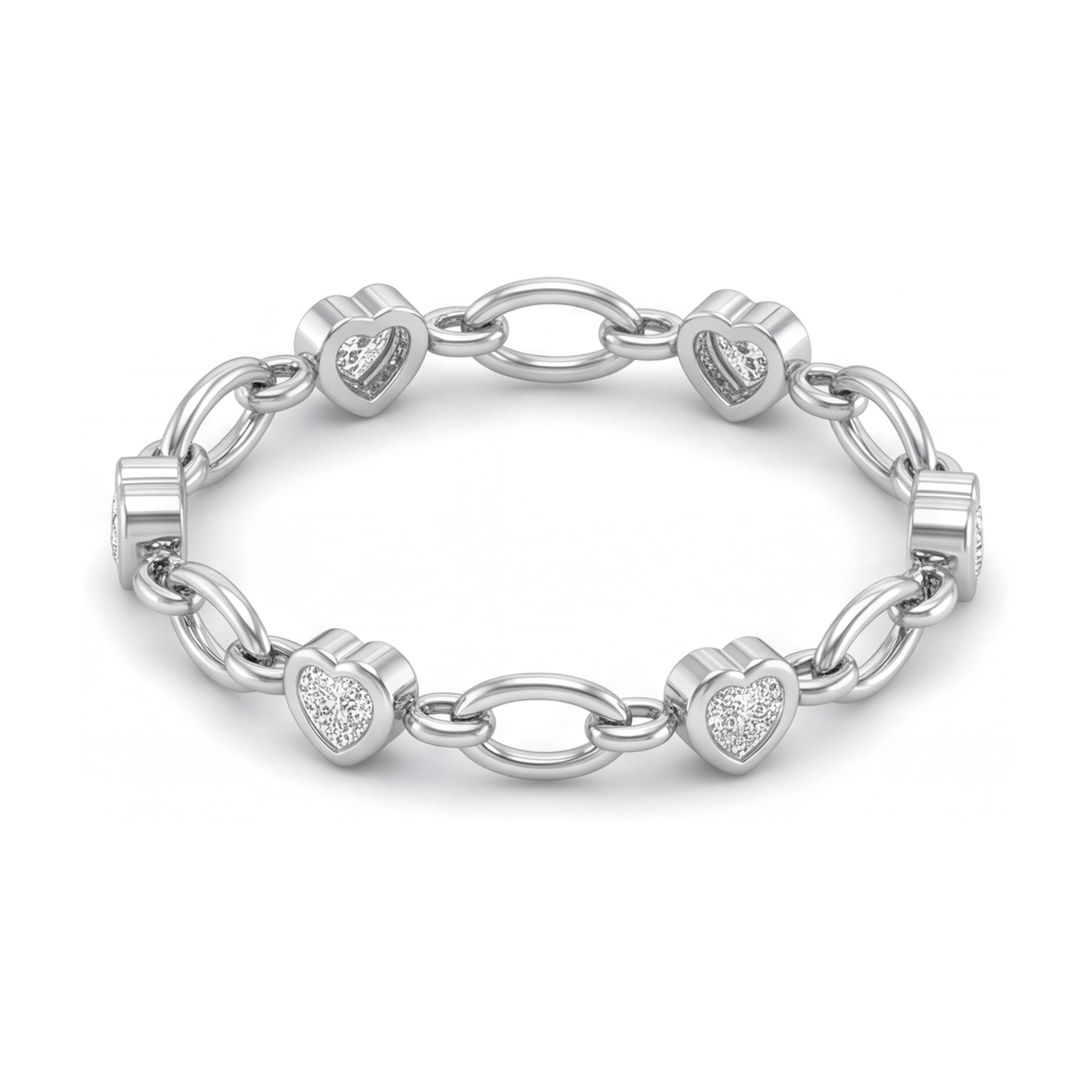 Diamant-Herz-Armband 3 Karat im Labor gezüchtet, ovale Stationsglieder, 14 Karat Weißgold, 7 Zoll