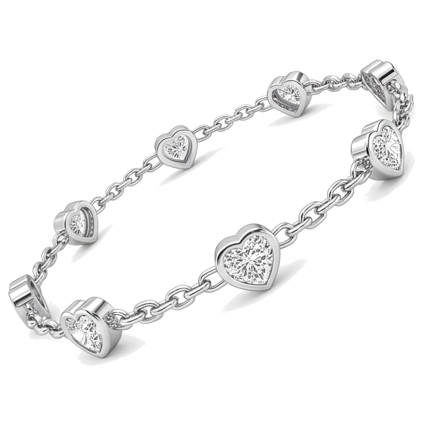 Diamant-Herz-Station-Armband 3 Karat im Labor gezüchtet Lünette 14 Karat Weißgold 7 Zoll