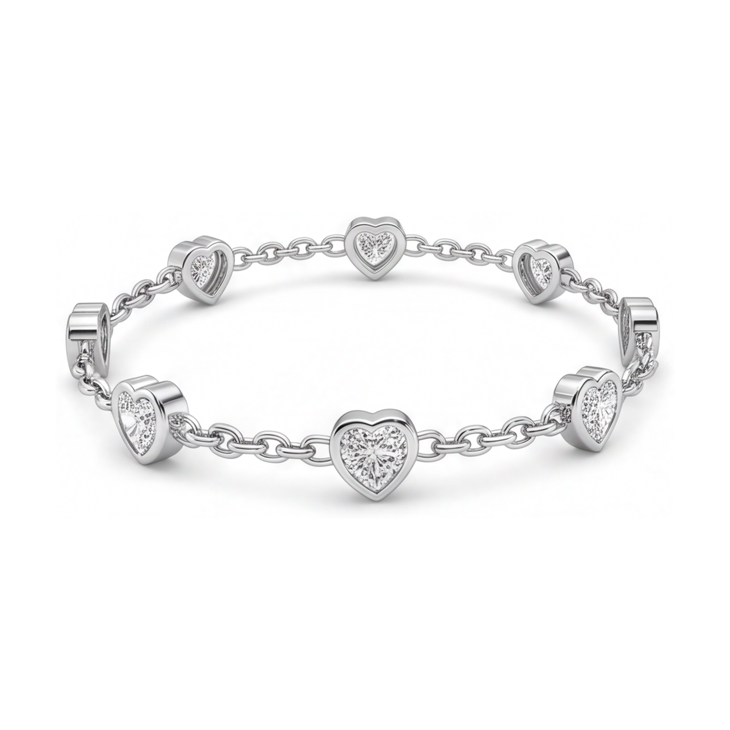 Diamant-Herz-Station-Armband 3 Karat im Labor gezüchtet Lünette 14 Karat Weißgold 7 Zoll
