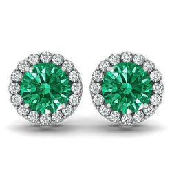 9 Karat runder Grün Smaragd- und Halo-Diamant-Ohrstecker Weißgold 14K