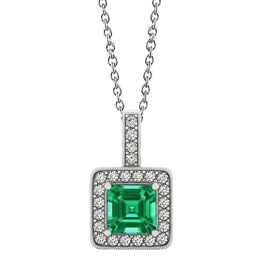 Edelstein-Anhänger-Halskette 4 Karat Asscher-Schliff Grün Smaragd und runde Diamanten