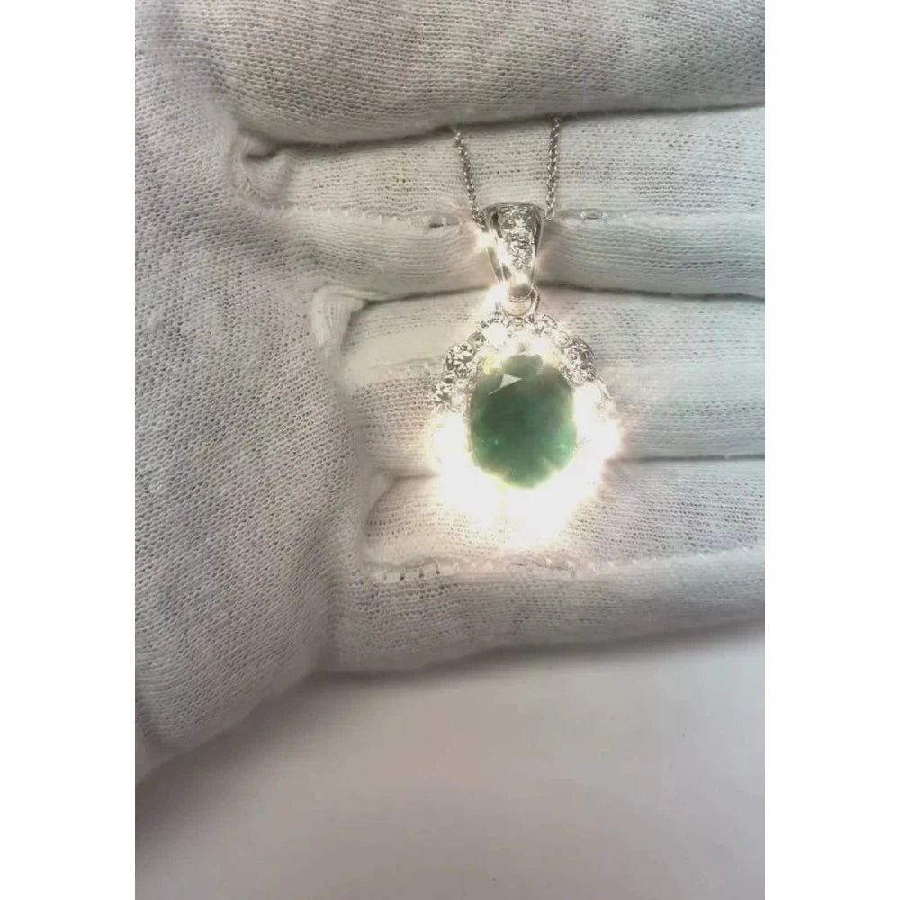 Grön  Smaragd Diamant-Edelstein-Anhänger-Halskette 7.85 Karat WG 14K