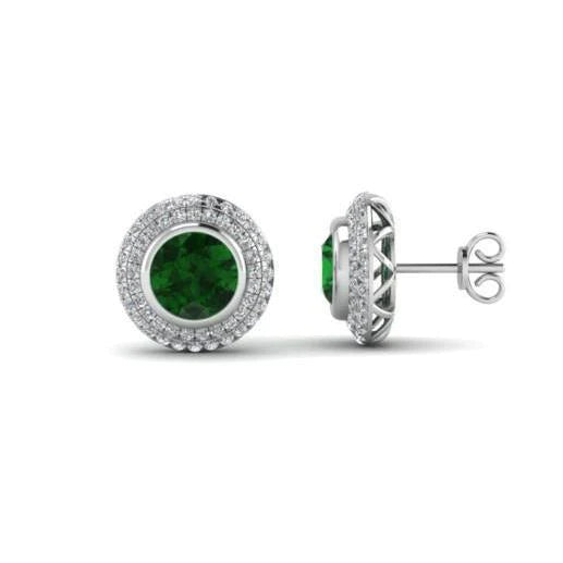 Runder Smaragd & Grön Diamant 5,90 Karat Halo-Ohrstecker Weißgold 14K