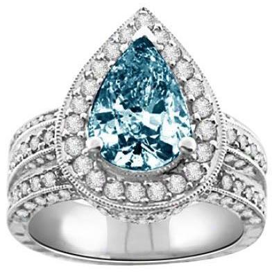 3 Ct. Blaue Birne & weiße Runde Natürliche Diamanten Ring Weißgold 14K Edelstein