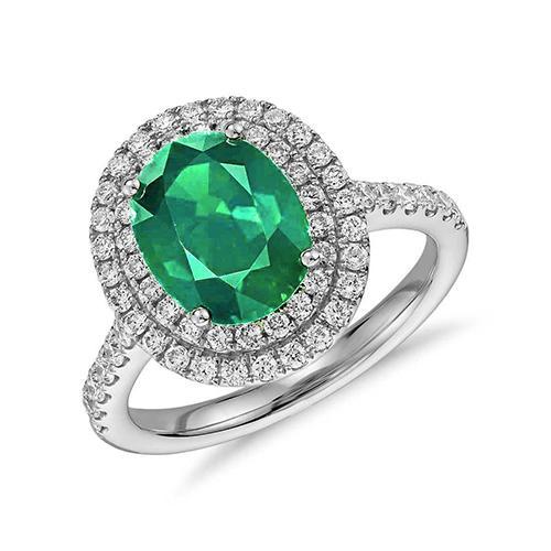 4.35 Karat Grön Smaragd mit Diamanten Ring Double Halo 14K Weißgold