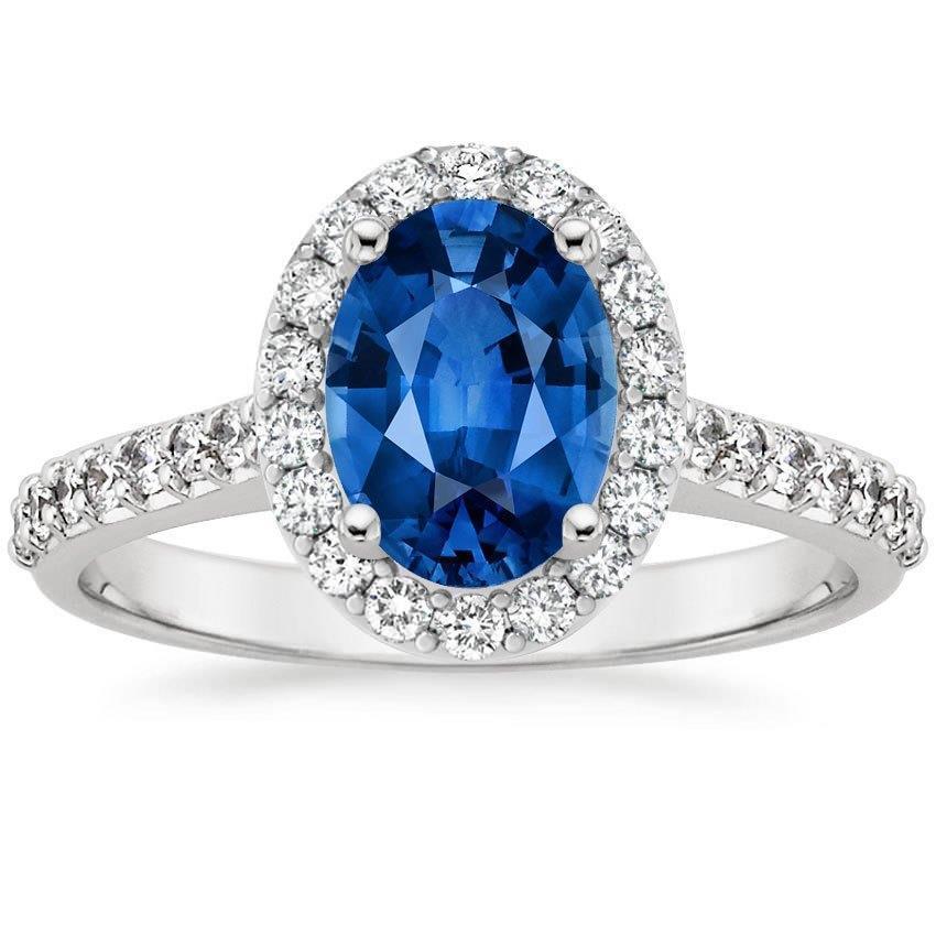 Ceylon Blue Sapphire Halo Diamant Ring 14K Weißgold Oval 2,15 ct. - harrychadent.ch