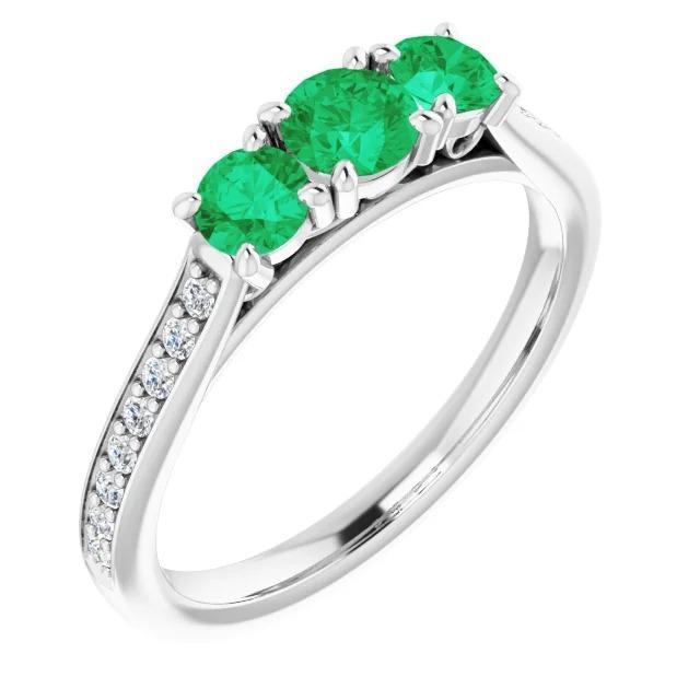 Diamant- Grün Smaragd-Verlobungsring mit drei Steinen 1,10 Karat