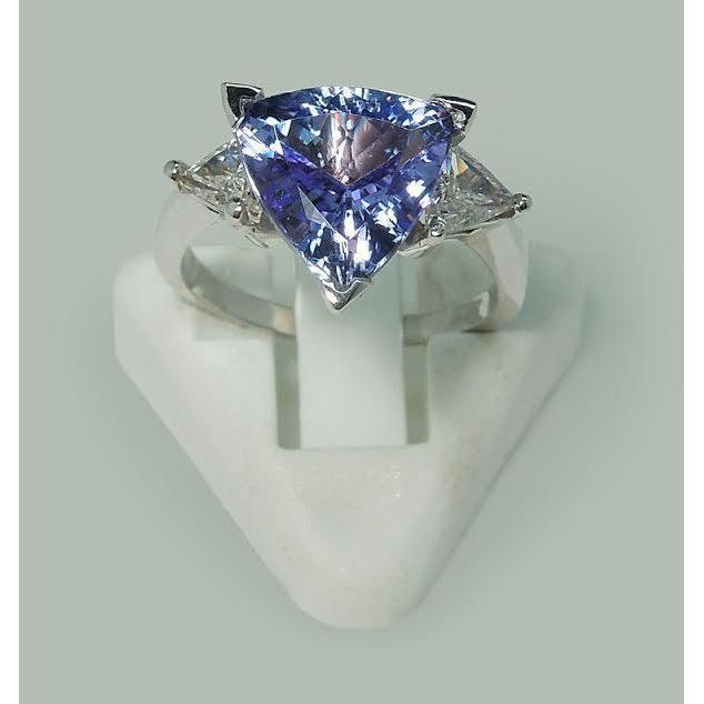 Drei-Steine-Ring Trilliant Cut Echt Blauer Diamant Edelstein  WG 14K