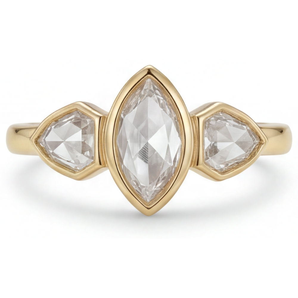 Edler Diamant Marquise Dreisteinring in 14 Karat Gelbgold – Hauptansicht