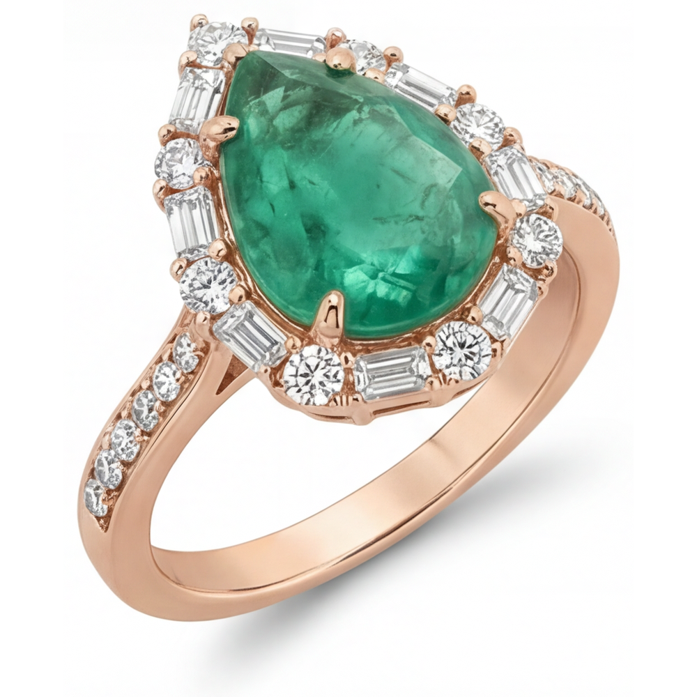 Edler Smaragd Tropfen-Schliff Halo-Fassung Ring in 14 Karat Roségold – Schrägansicht