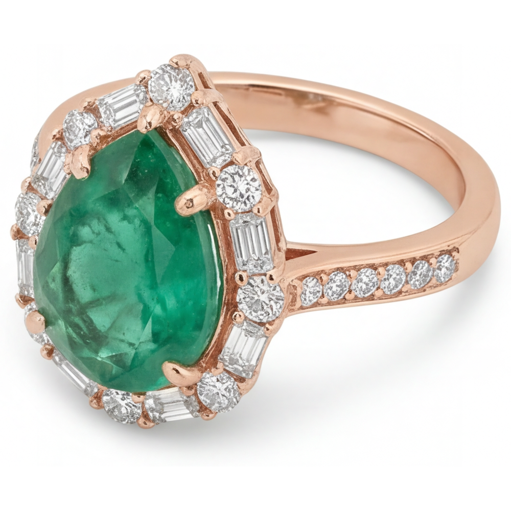 Edler Smaragd Halo-Fassung Ring 5-Karat 14 Karat Roségold – Profilansicht