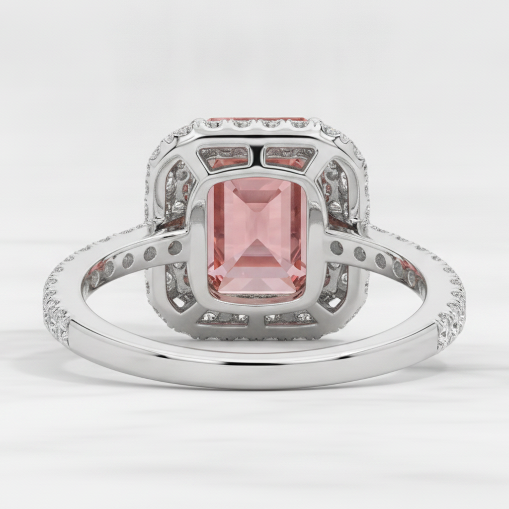 Padparadscha-Saphir-Ring 3,8 Karat Natürlicher Smaragd Doppel-Halo 14 Karat Weißgold