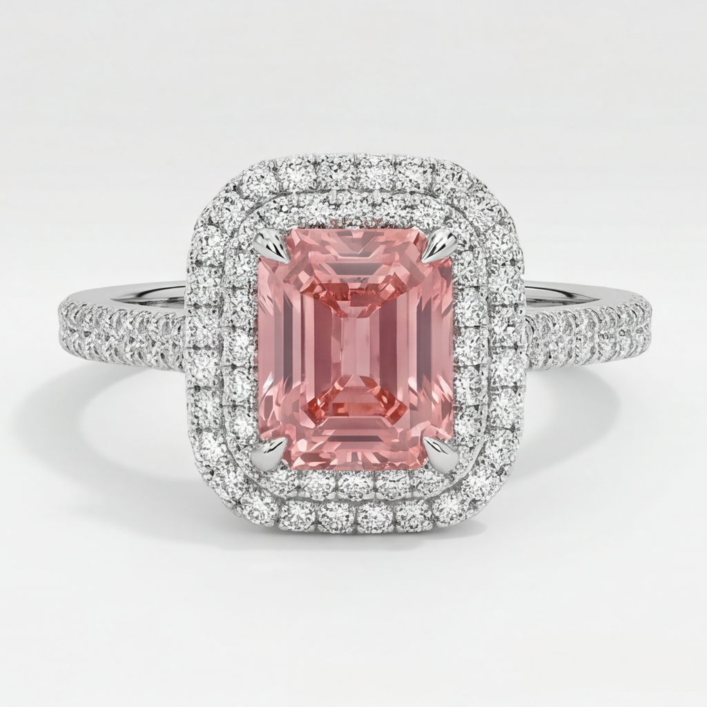 Padparadscha-Saphir-Ring 3,8 Karat Natürlicher Smaragd Doppel-Halo 14 Karat Weißgold