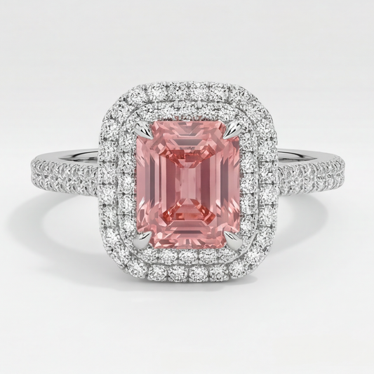 Padparadscha-Saphir-Ring 3,8 Karat Natürlicher Smaragd Doppel-Halo 14 Karat Weißgold
