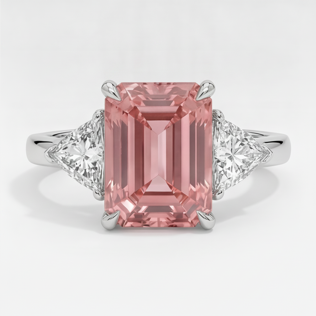 Padparadscha-Saphir-Ring 3,6 Karat, echter Smaragd und weisser Trillant, Dreistein-Ring aus Platin
