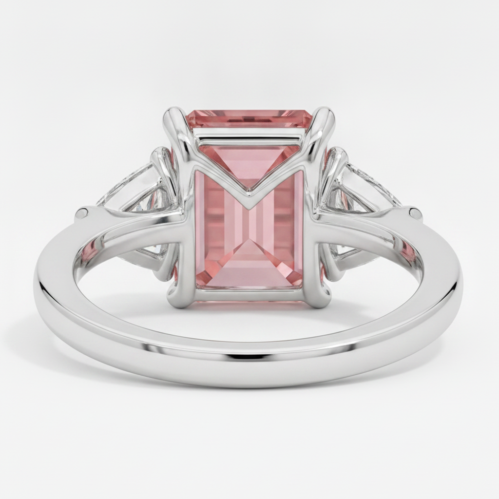 Padparadscha-Saphir-Ring 3,6 Karat, echter Smaragd und weisser Trillant, Dreistein-Ring aus Platin