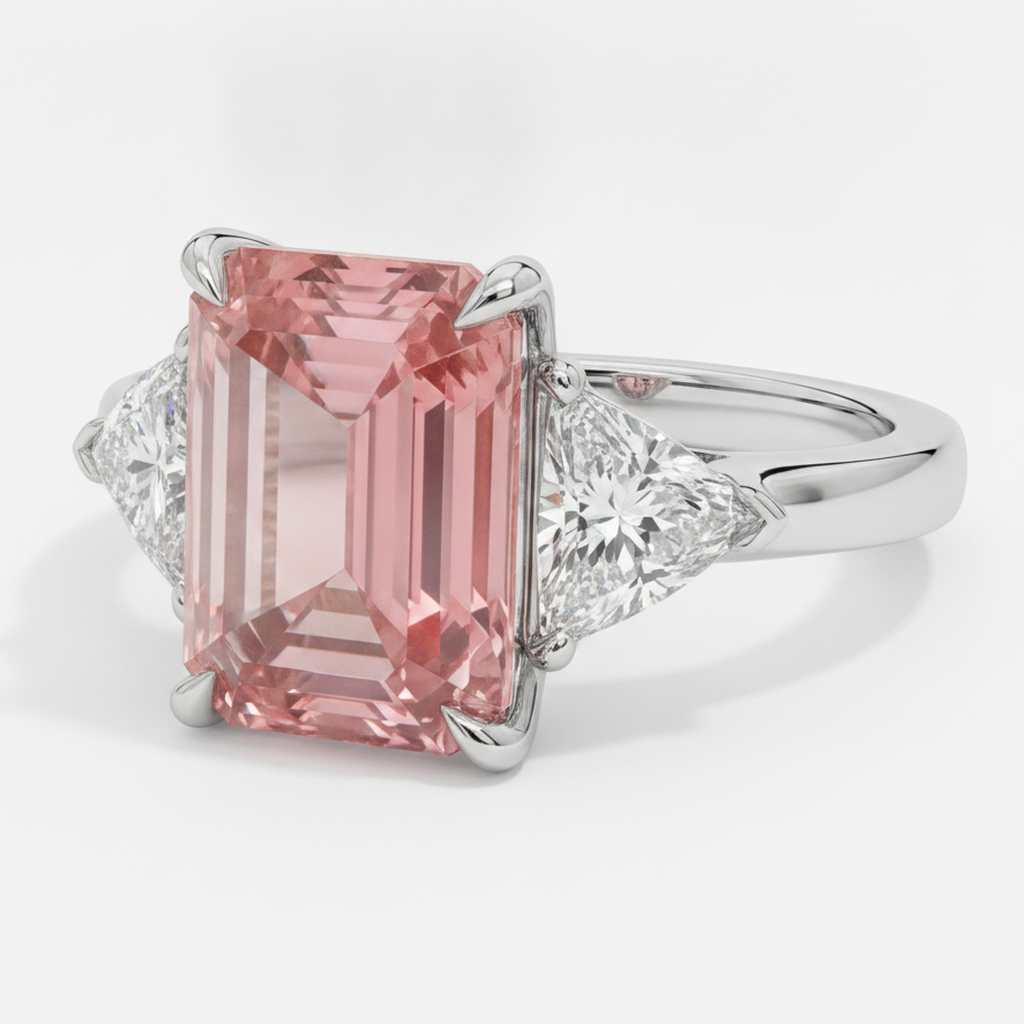 Padparadscha-Saphir-Ring 3,6 Karat, echter Smaragd und weisser Trillant, Dreistein-Ring aus Platin