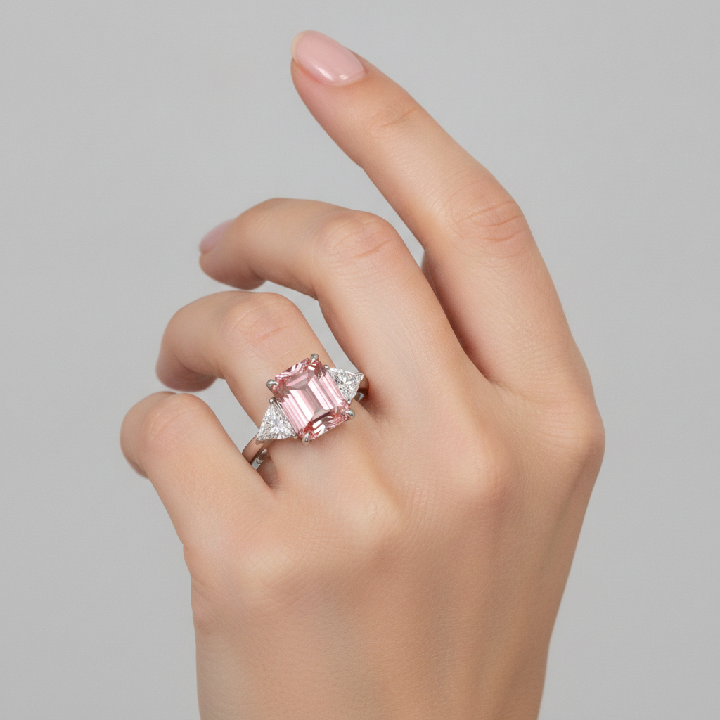 Padparadscha-Saphir-Ring 3,6 Karat, echter Smaragd und weisser Trillant, Dreistein-Ring aus Platin