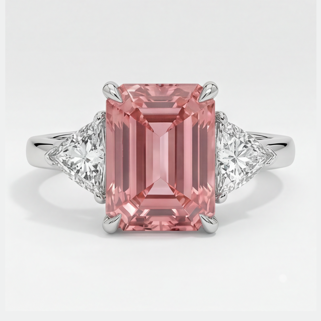 Padparadscha-Saphir-Ring 3,6 Karat, echter Smaragd und weisser Trillant, Dreistein-Ring aus Platin