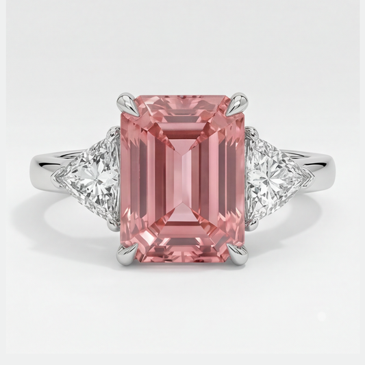 Padparadscha-Saphir-Ring 3,6 Karat, echter Smaragd und weisser Trillant, Dreistein-Ring aus Platin