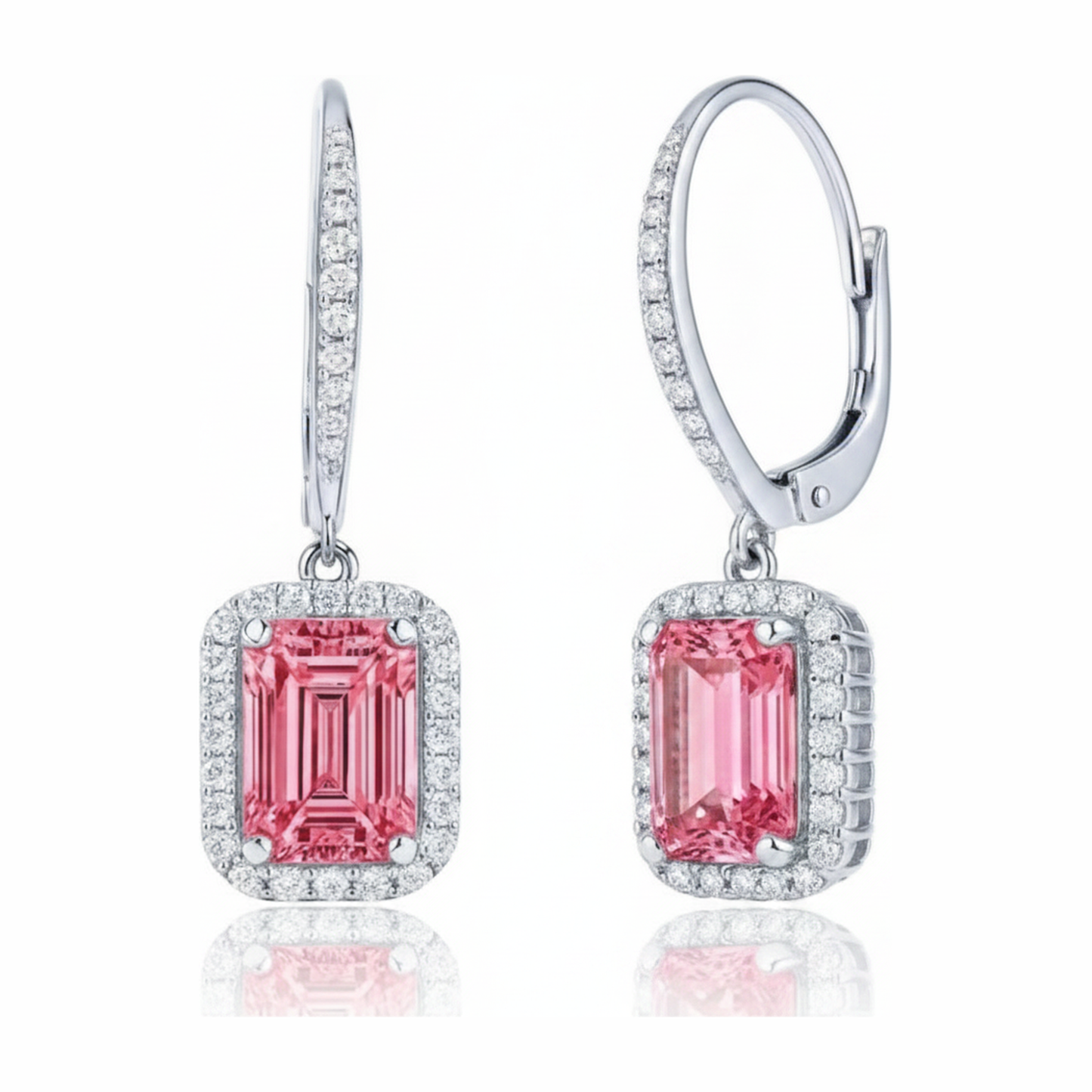Ohrringe mit rosa Diamanten, 2,4 Karat, im Labor gezüchtet, Smaragdschliff, Halo, Klappbrisur, 14 Karat Weißgold