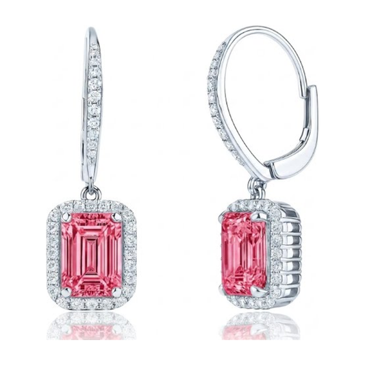 Ohrringe mit rosa Diamanten, 2,4 Karat, im Labor gezüchtet, Smaragdschliff, Halo, Klappbrisur, 14 Karat Weißgold