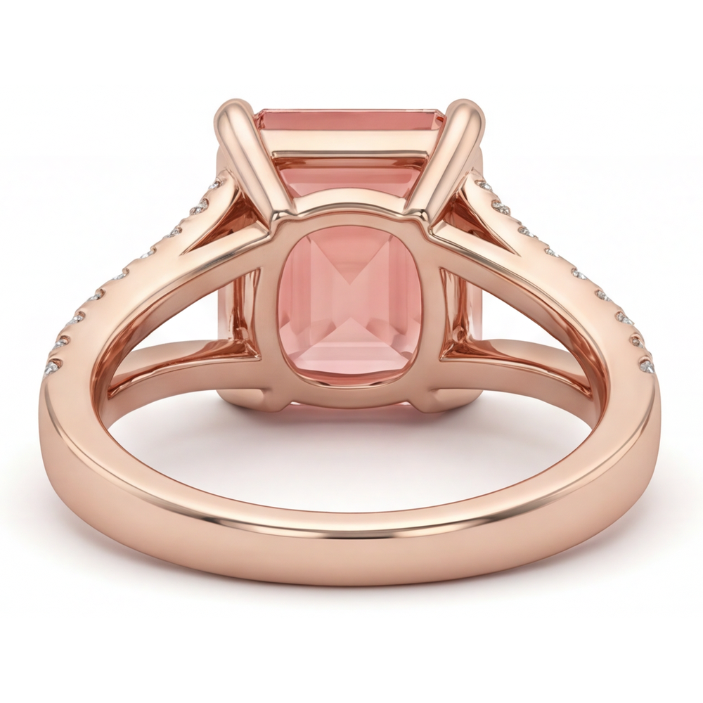 Pfirsich-Saphir Verlobungsring 4,3 Karat im Labor gezüchtet Smaragdschliff Padparadscha Pavé 14 Karat Roségold