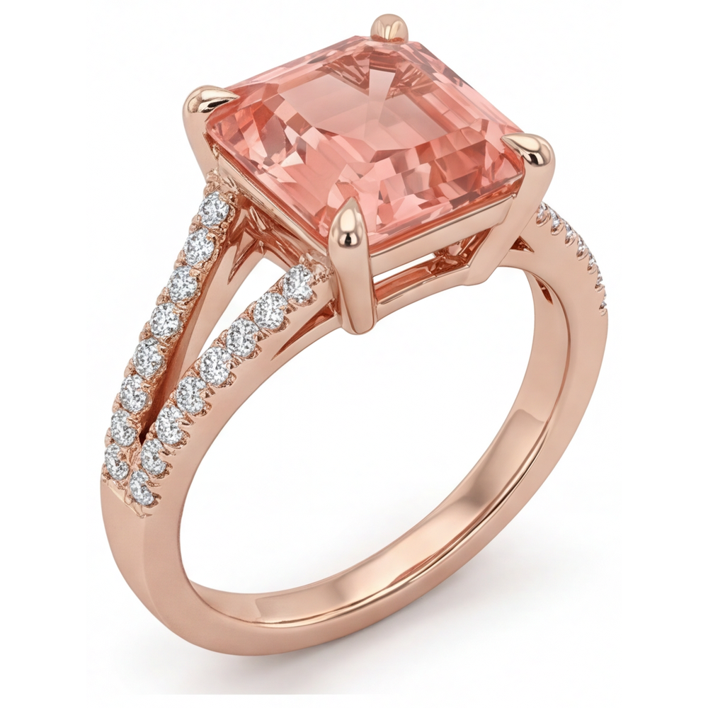 Pfirsich-Saphir Verlobungsring 4,3 Karat im Labor gezüchtet Smaragdschliff Padparadscha Pavé 14 Karat Roségold